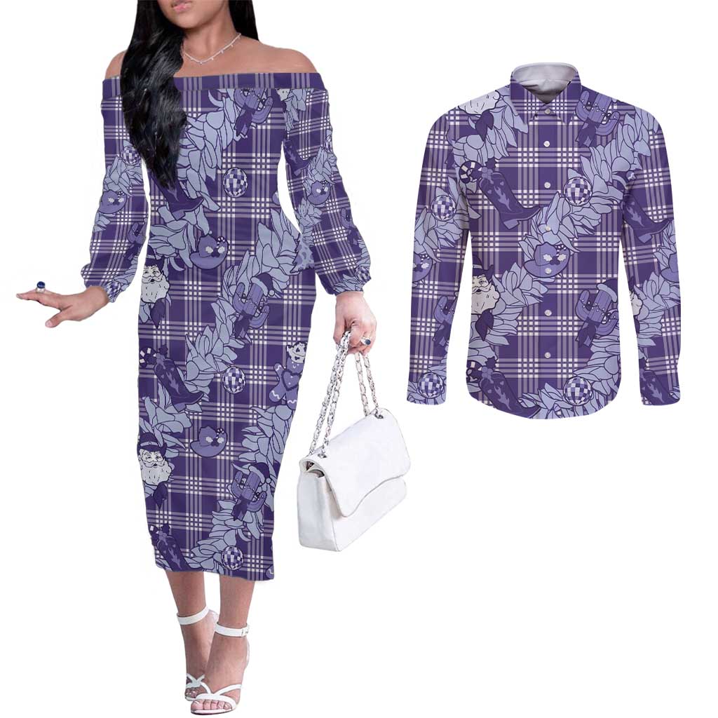Purple Palaka Hawaii Cowboy Christmas Couples Matching Off The Shoulder Long Sleeve Dress and Long Sleeve Button Shirt Paniolo Mix Maile Lei - Polynesian Pride