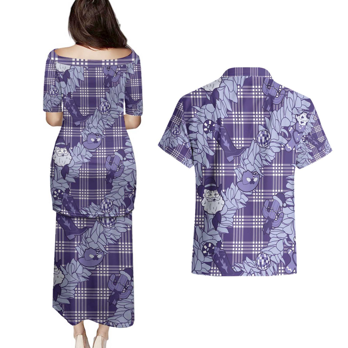 Purple Palaka Hawaii Cowboy Christmas Couples Matching Puletasi and Hawaiian Shirt Paniolo Mix Maile Lei - Polynesian Pride