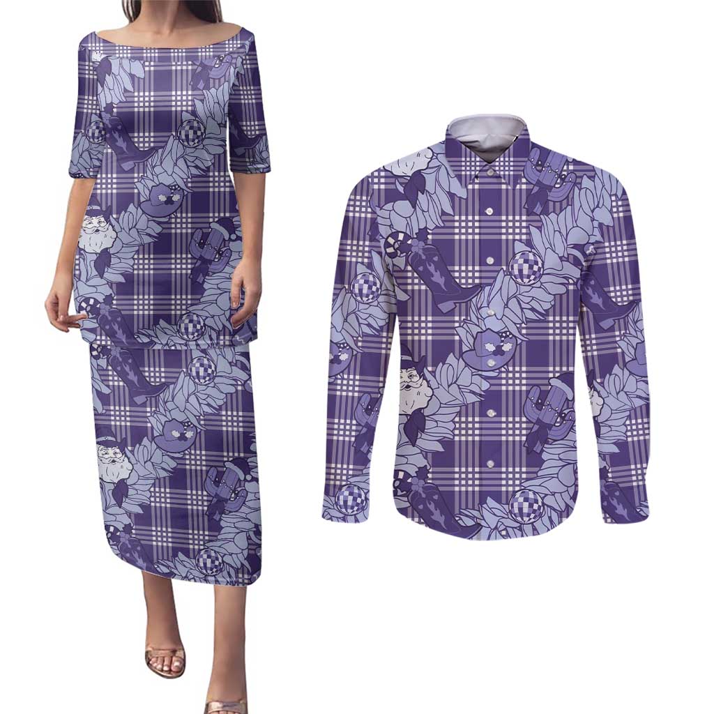 Purple Palaka Hawaii Cowboy Christmas Couples Matching Puletasi and Long Sleeve Button Shirt Paniolo Mix Maile Lei - Polynesian Pride