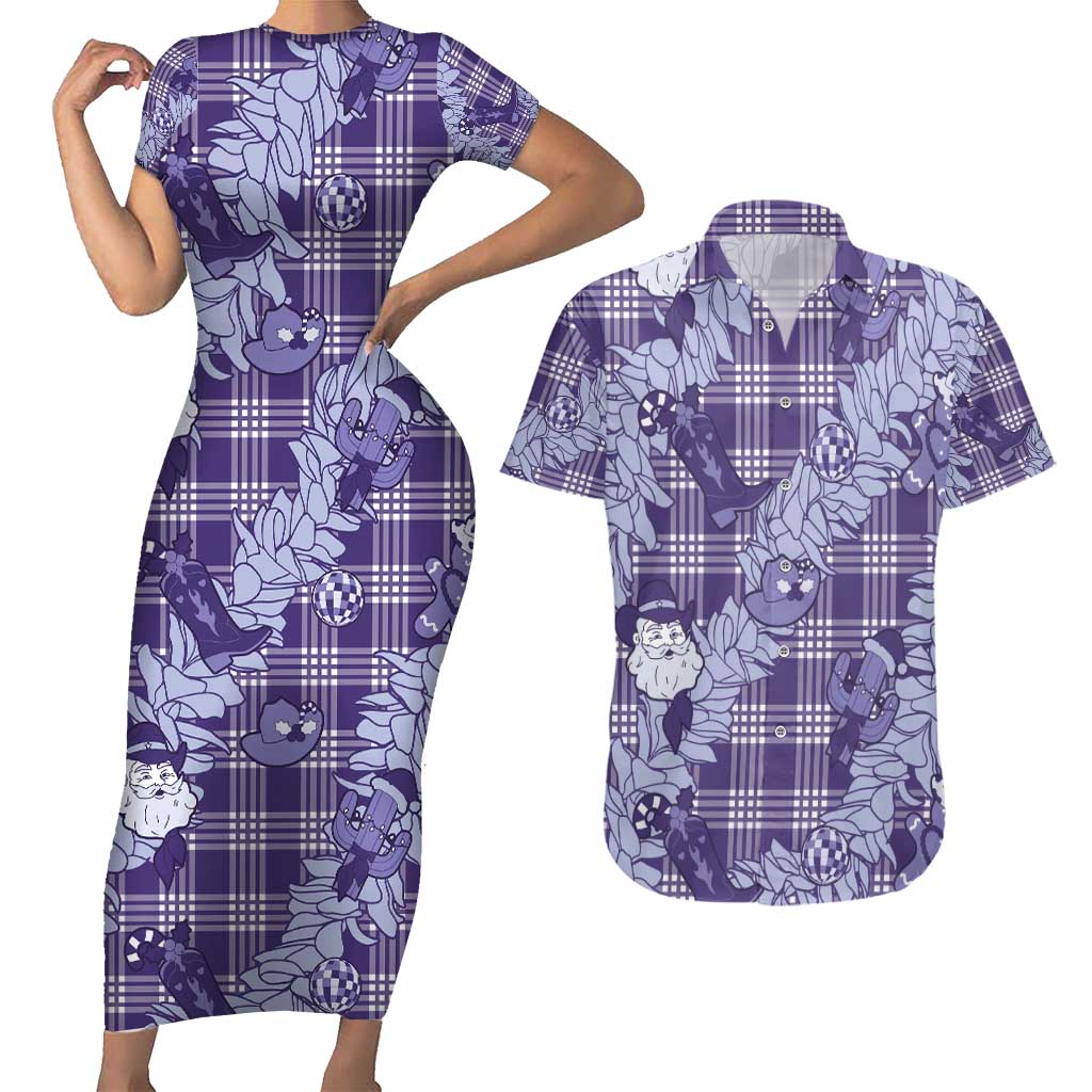 Purple Palaka Hawaii Cowboy Christmas Couples Matching Short Sleeve Bodycon Dress and Hawaiian Shirt Paniolo Mix Maile Lei LT7 Purple - Polynesian Pride