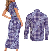 Purple Palaka Hawaii Cowboy Christmas Couples Matching Short Sleeve Bodycon Dress and Long Sleeve Button Shirt Paniolo Mix Maile Lei - Polynesian Pride