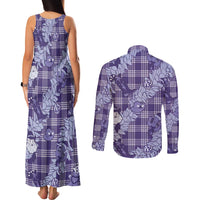 Purple Palaka Hawaii Cowboy Christmas Couples Matching Tank Maxi Dress and Long Sleeve Button Shirt Paniolo Mix Maile Lei - Polynesian Pride