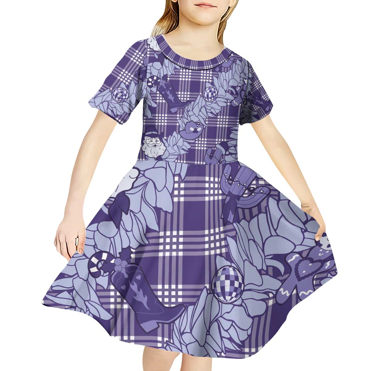 Purple Palaka Hawaii Cowboy Christmas Kid Short Sleeve Dress Paniolo Mix Maile Lei - Polynesian Pride