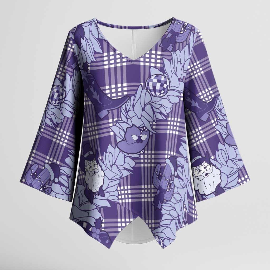 Purple Palaka Hawaii Cowboy Christmas Kimono Sleeve Blouse Paniolo Mix Maile Lei - Polynesian Pride