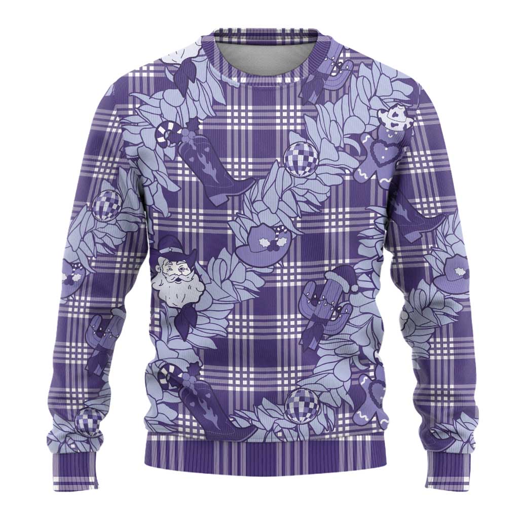 Purple Palaka Hawaii Cowboy Christmas Ugly Christmas Sweater Paniolo Mix Maile Lei - Polynesian Pride