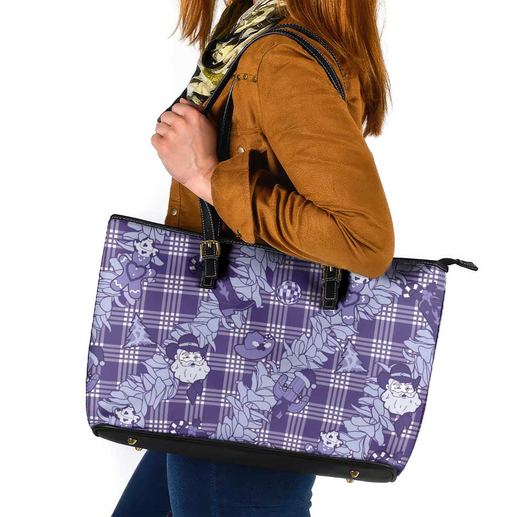 Purple Palaka Hawaii Cowboy Christmas Leather Tote Bag Paniolo Mix Maile Lei - Polynesian Pride