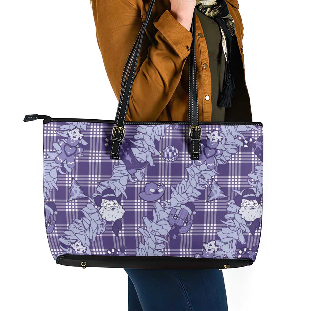 Purple Palaka Hawaii Cowboy Christmas Leather Tote Bag Paniolo Mix Maile Lei - Polynesian Pride
