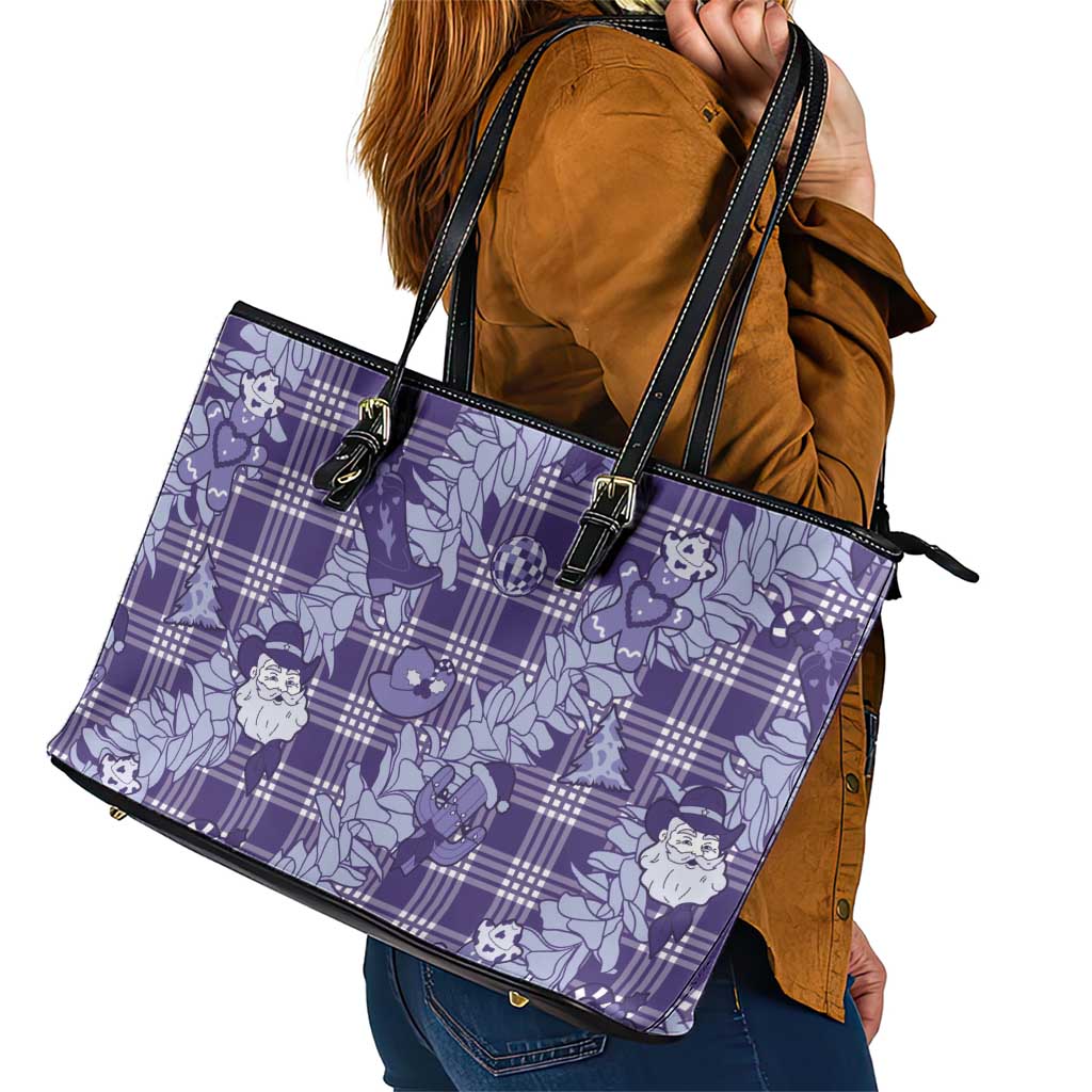 Purple Palaka Hawaii Cowboy Christmas Leather Tote Bag Paniolo Mix Maile Lei - Polynesian Pride