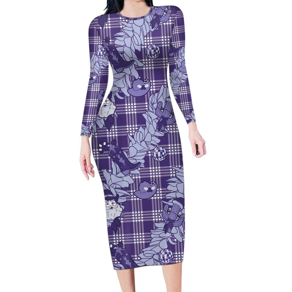 Purple Palaka Hawaii Cowboy Christmas Long Sleeve Bodycon Dress Paniolo Mix Maile Lei - Polynesian Pride