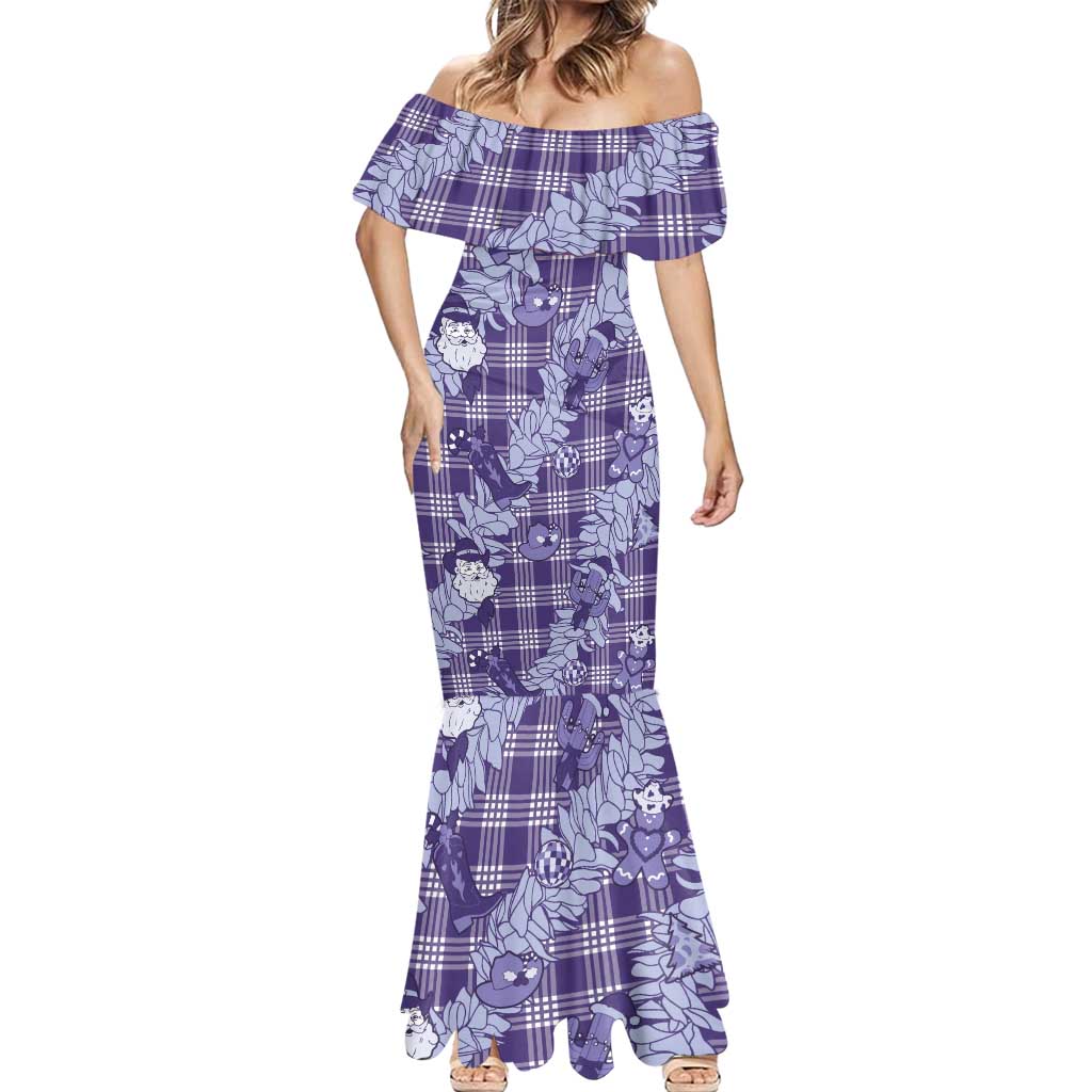 Purple Palaka Hawaii Cowboy Christmas Mermaid Dress Paniolo Mix Maile Lei - Polynesian Pride