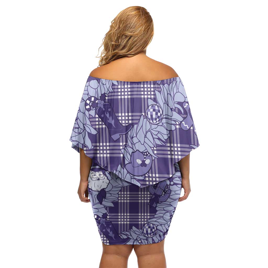 Purple Palaka Hawaii Cowboy Christmas Off Shoulder Short Dress Paniolo Mix Maile Lei - Polynesian Pride