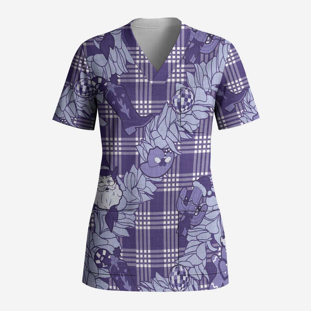 Purple Palaka Hawaii Cowboy Christmas Scrub Top Paniolo Mix Maile Lei - Polynesian Pride