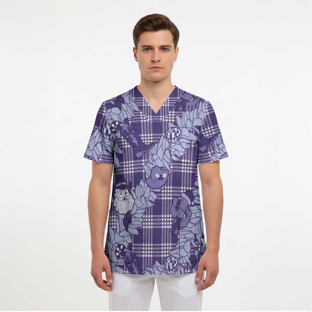 Purple Palaka Hawaii Cowboy Christmas Scrub Top Paniolo Mix Maile Lei - Polynesian Pride