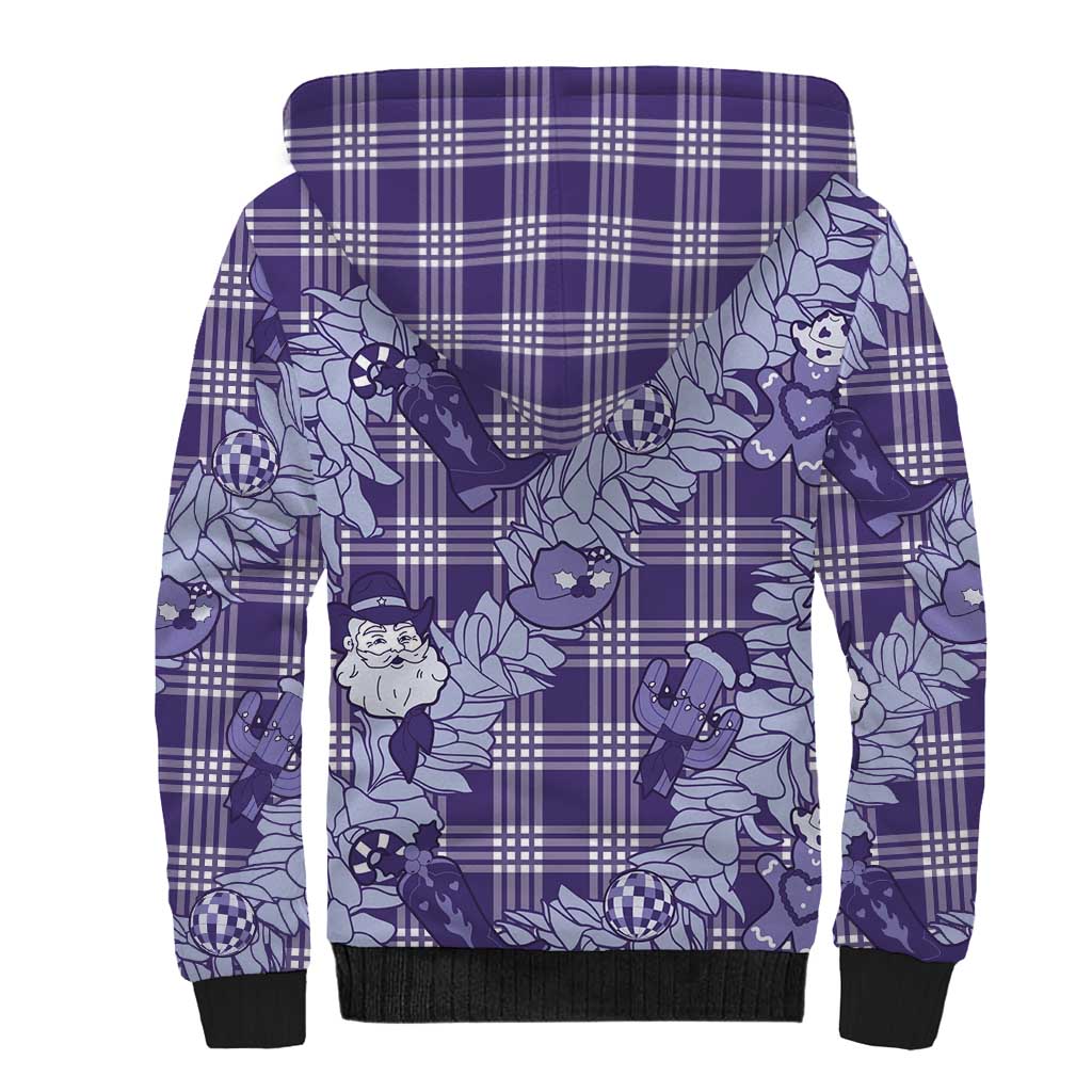 Purple Palaka Hawaii Cowboy Christmas Sherpa Hoodie Paniolo Mix Maile Lei - Polynesian Pride