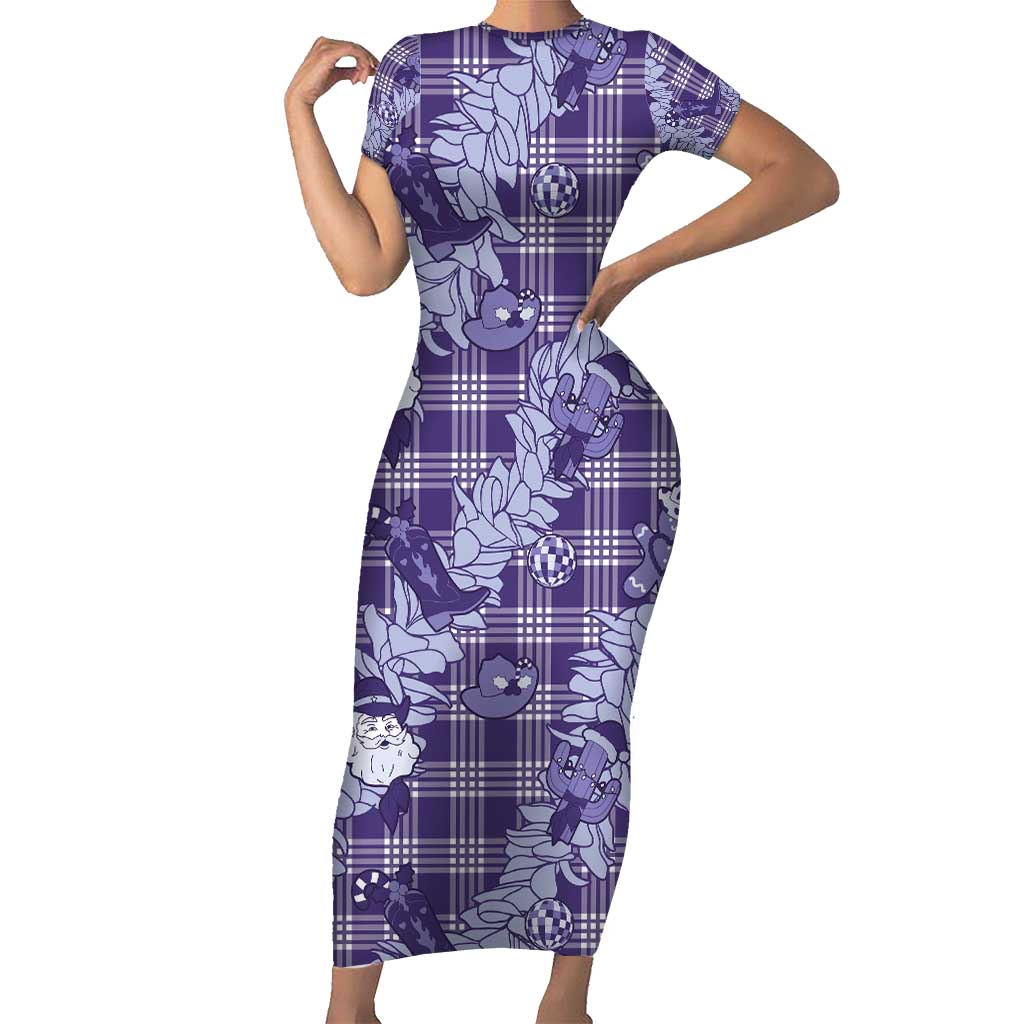 Purple Palaka Hawaii Cowboy Christmas Short Sleeve Bodycon Dress Paniolo Mix Maile Lei - Polynesian Pride
