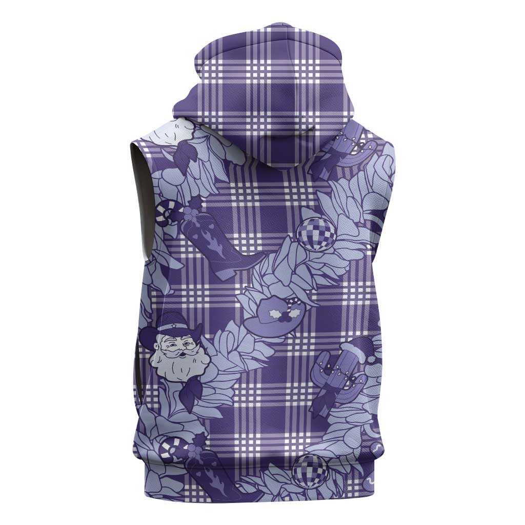 Purple Palaka Hawaii Cowboy Christmas Sleeveless Hoodie Paniolo Mix Maile Lei - Polynesian Pride