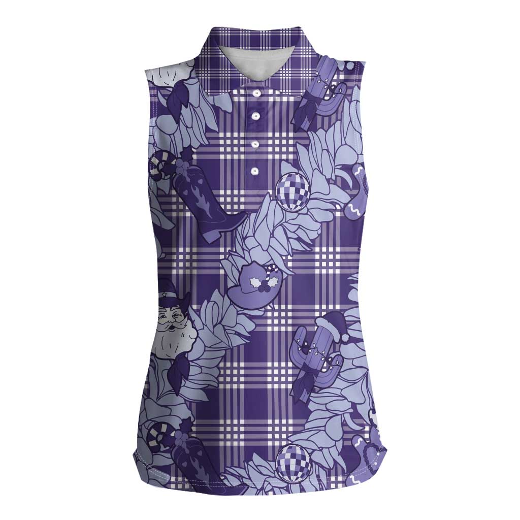 Purple Palaka Hawaii Cowboy Christmas Women Sleeveless Polo Shirt Paniolo Mix Maile Lei - Polynesian Pride