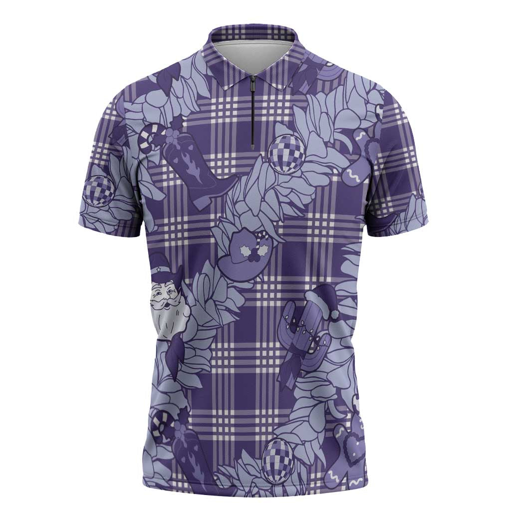 Purple Palaka Hawaii Cowboy Christmas Zipper Polo Shirt Paniolo Mix Maile Lei - Polynesian Pride