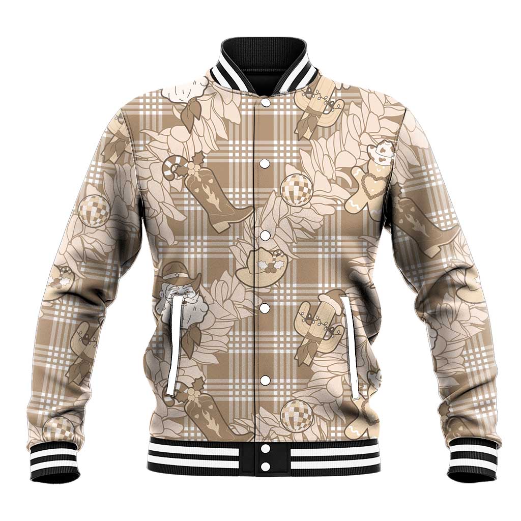 Khaki Palaka Hawaii Cowboy Christmas Baseball Jacket Paniolo Mix Maile Lei - Polynesian Pride