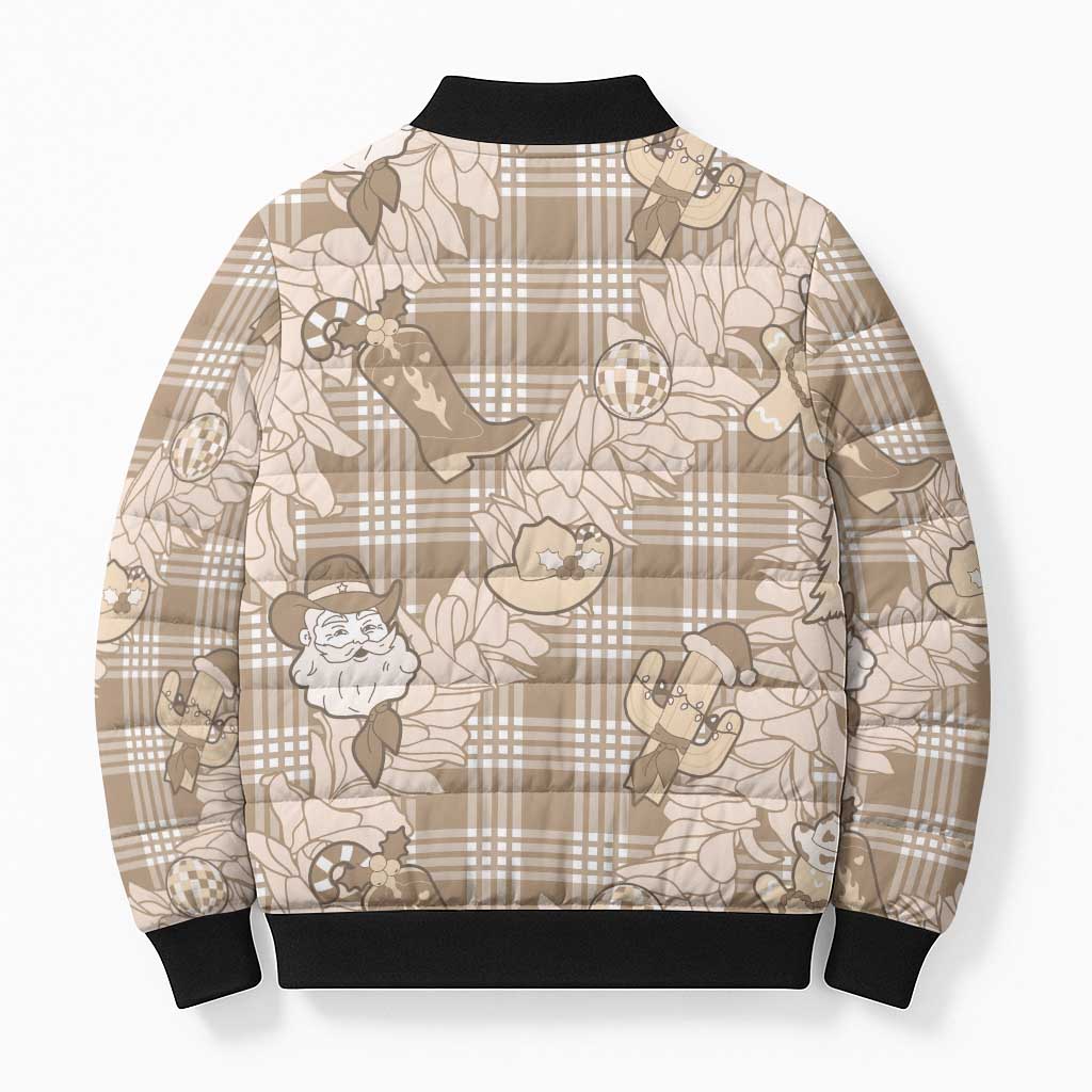Khaki Palaka Hawaii Cowboy Christmas Bomber Puffer Jacket Paniolo Mix Maile Lei - Polynesian Pride