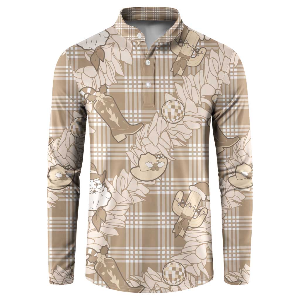 Khaki Palaka Hawaii Cowboy Christmas Button Sweatshirt Paniolo Mix Maile Lei - Polynesian Pride