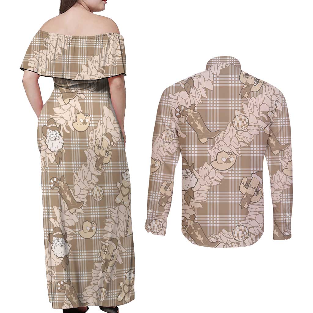 Khaki Palaka Hawaii Cowboy Christmas Couples Matching Off Shoulder Maxi Dress and Long Sleeve Button Shirt Paniolo Mix Maile Lei - Polynesian Pride