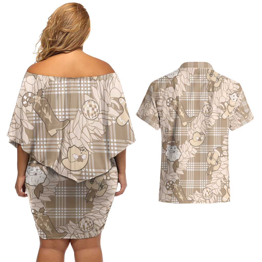 Khaki Palaka Hawaii Cowboy Christmas Couples Matching Off Shoulder Short Dress and Hawaiian Shirt Paniolo Mix Maile Lei - Polynesian Pride