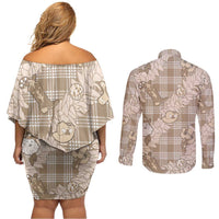 Khaki Palaka Hawaii Cowboy Christmas Couples Matching Off Shoulder Short Dress and Long Sleeve Button Shirt Paniolo Mix Maile Lei - Polynesian Pride