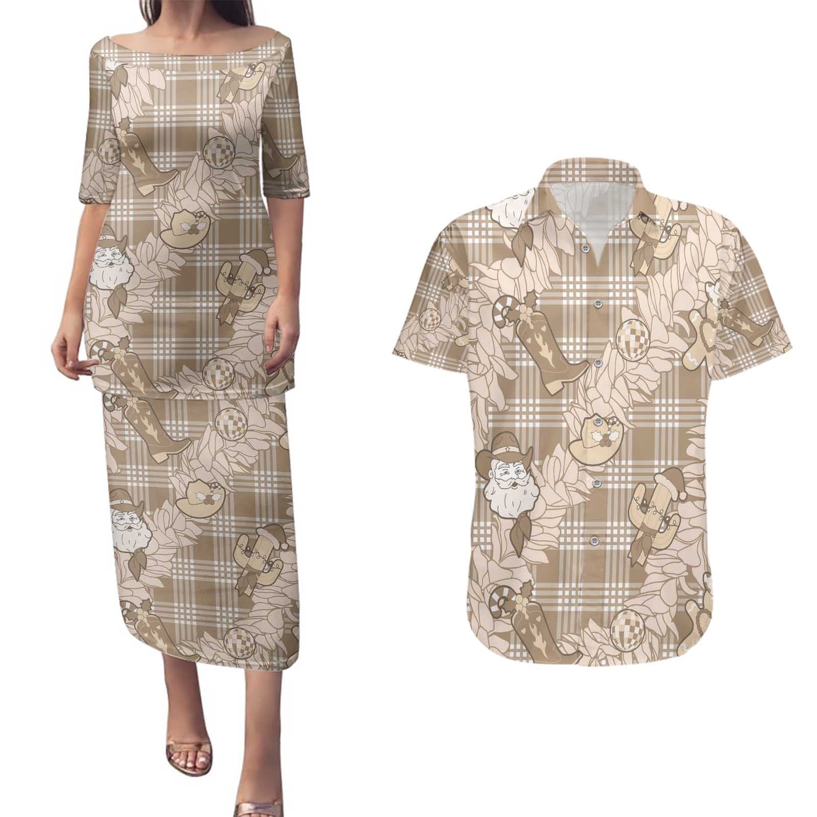 Khaki Palaka Hawaii Cowboy Christmas Couples Matching Puletasi and Hawaiian Shirt Paniolo Mix Maile Lei - Polynesian Pride