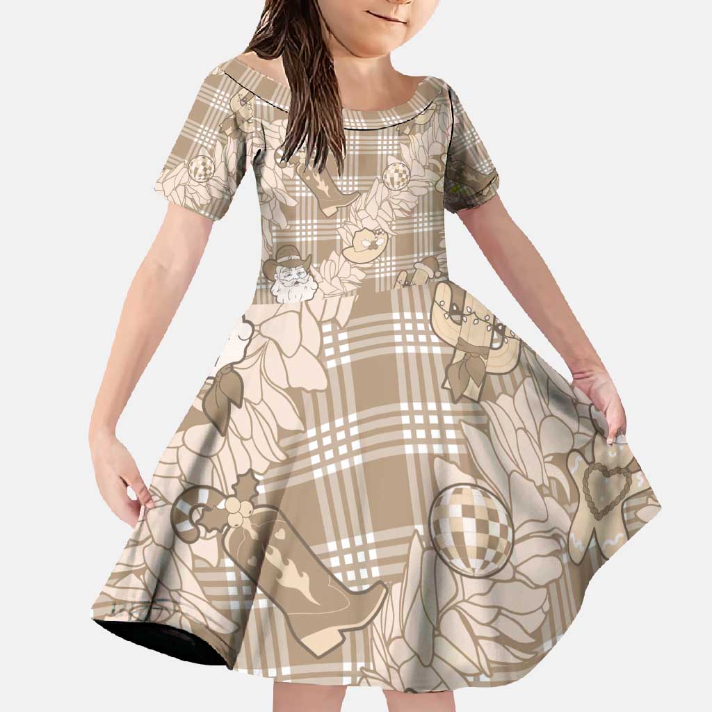 Khaki Palaka Hawaii Cowboy Christmas Family Matching Long Sleeve Bodycon Dress and Hawaiian Shirt Paniolo Mix Maile Lei - Polynesian Pride