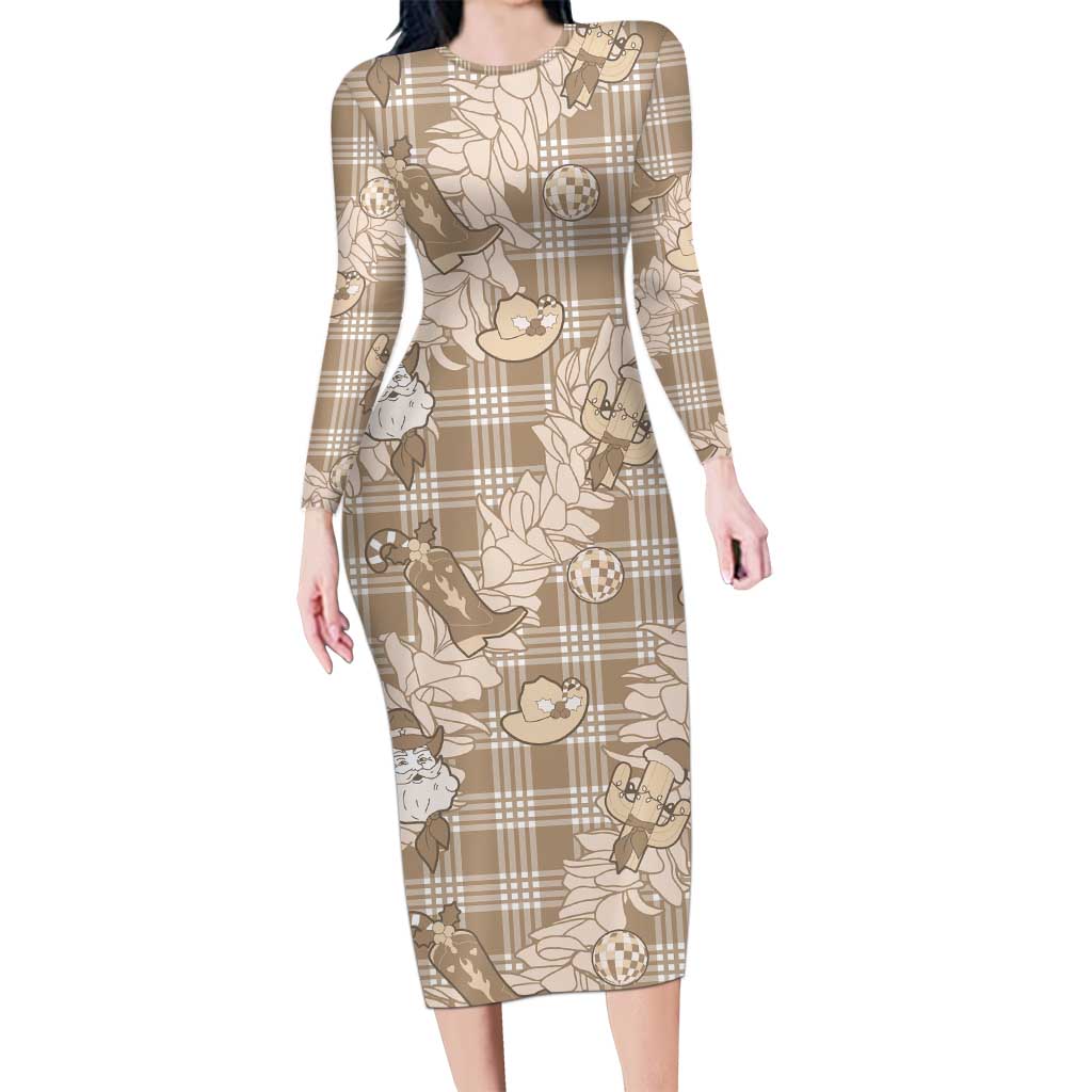 Khaki Palaka Hawaii Cowboy Christmas Family Matching Long Sleeve Bodycon Dress and Hawaiian Shirt Paniolo Mix Maile Lei - Polynesian Pride