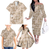 Khaki Palaka Hawaii Cowboy Christmas Family Matching Off The Shoulder Long Sleeve Dress and Hawaiian Shirt Paniolo Mix Maile Lei - Polynesian Pride