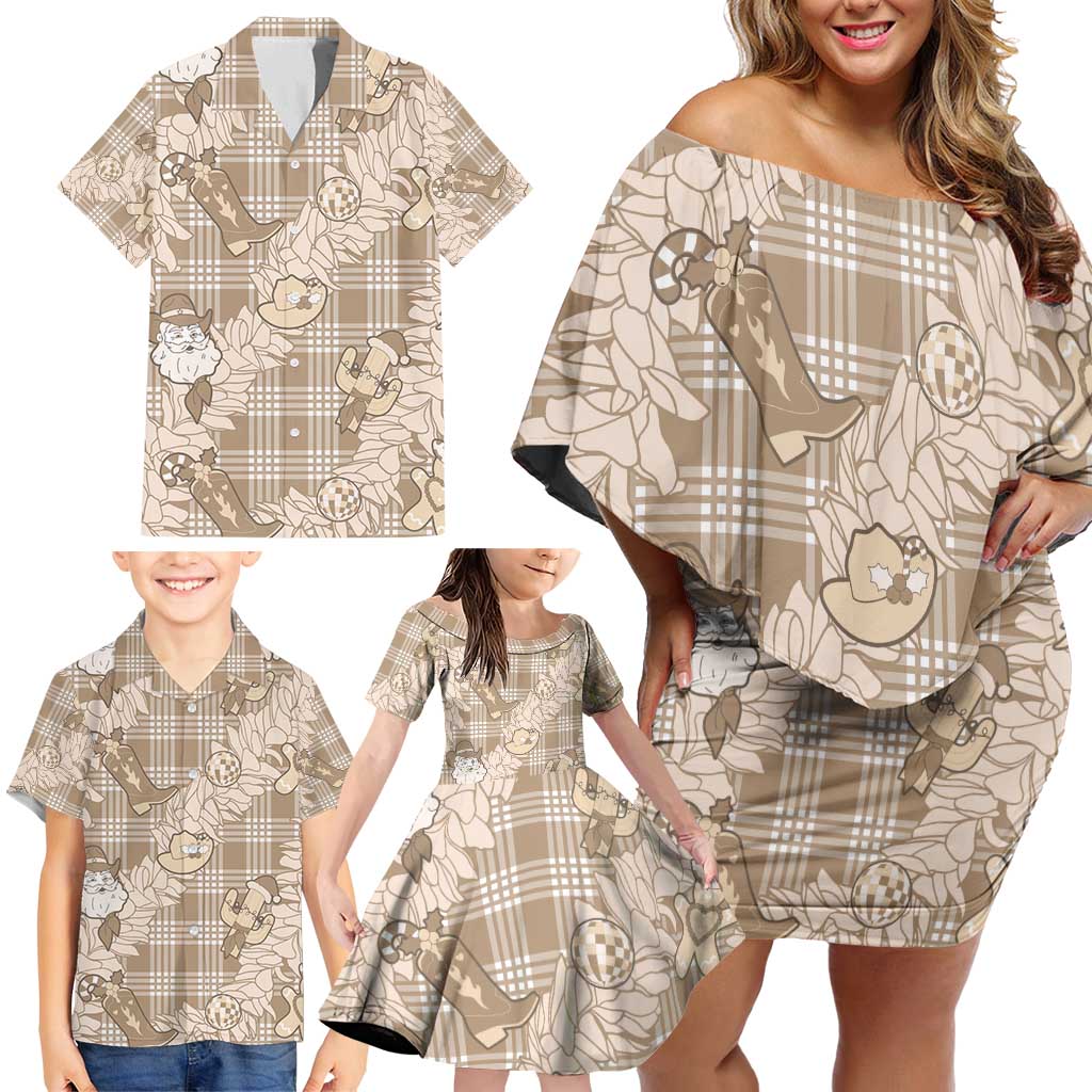 Khaki Palaka Hawaii Cowboy Christmas Family Matching Off Shoulder Short Dress and Hawaiian Shirt Paniolo Mix Maile Lei - Polynesian Pride