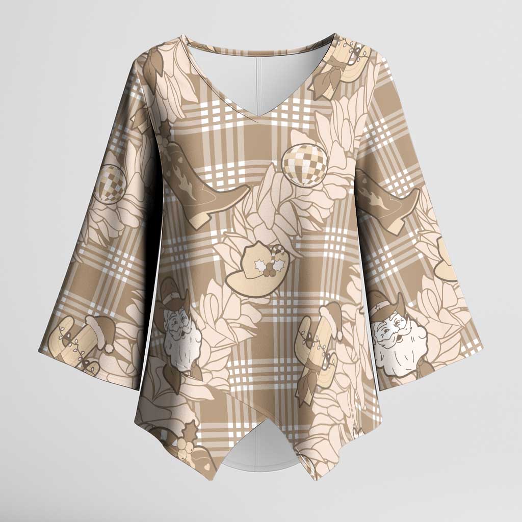 Khaki Palaka Hawaii Cowboy Christmas Kimono Sleeve Blouse Paniolo Mix Maile Lei - Polynesian Pride