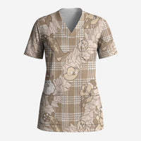 Khaki Palaka Hawaii Cowboy Christmas Scrub Top Paniolo Mix Maile Lei - Polynesian Pride