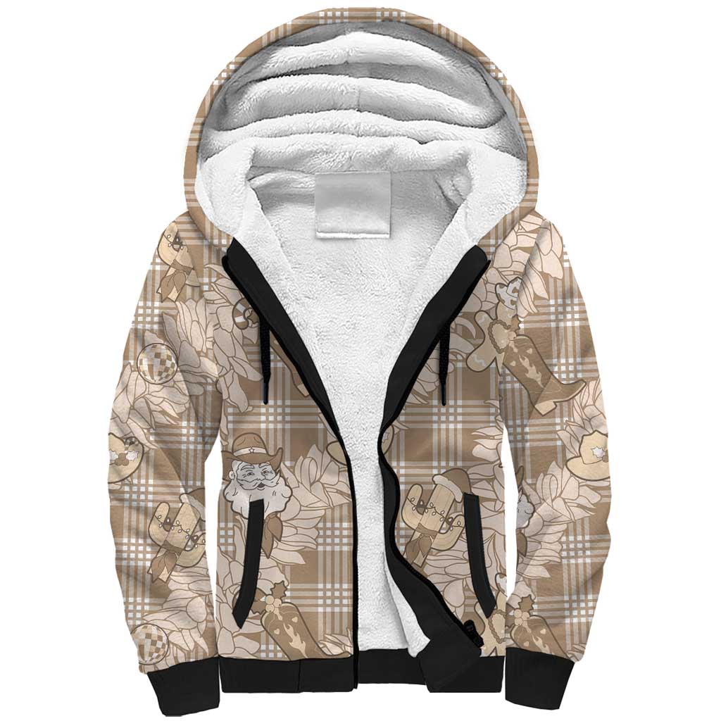 Khaki Palaka Hawaii Cowboy Christmas Sherpa Hoodie Paniolo Mix Maile Lei - Polynesian Pride