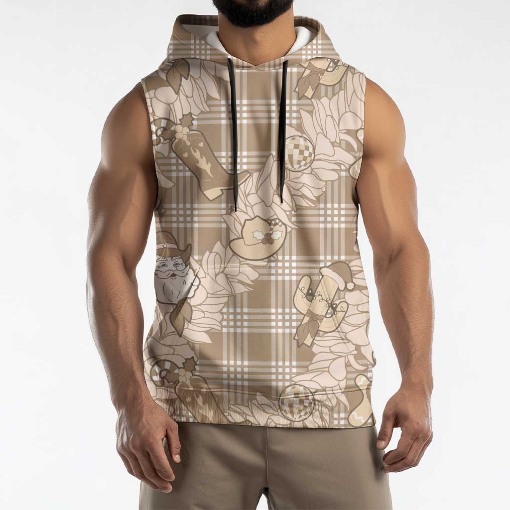 Khaki Palaka Hawaii Cowboy Christmas Sleeveless Hoodie Paniolo Mix Maile Lei - Polynesian Pride