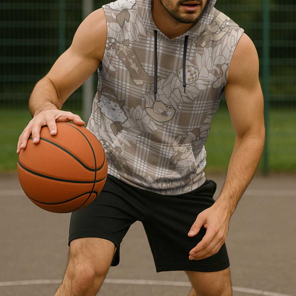 Khaki Palaka Hawaii Cowboy Christmas Sleeveless Hoodie Paniolo Mix Maile Lei - Polynesian Pride