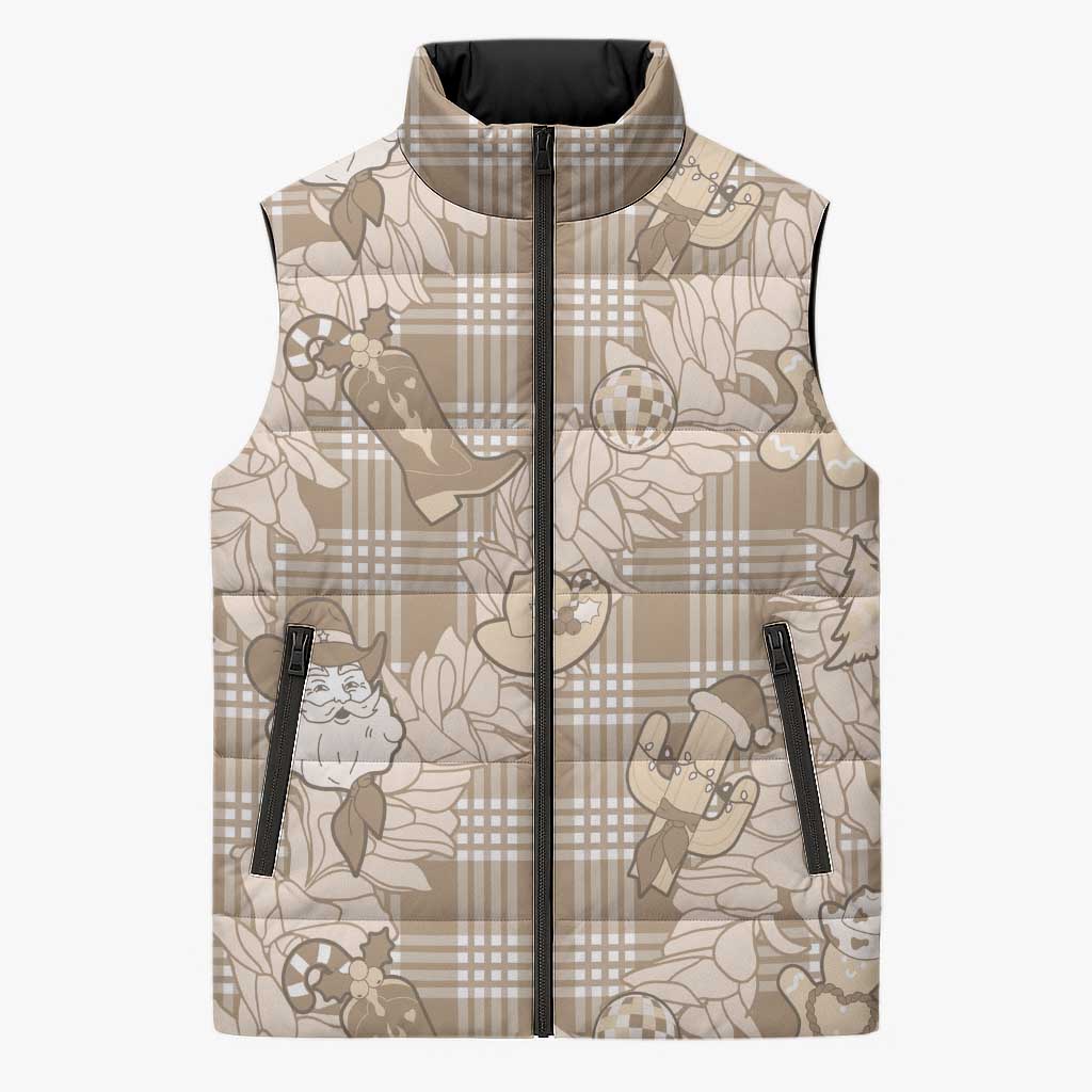 Khaki Palaka Hawaii Cowboy Christmas Sleeveless Puffer Jacket Paniolo Mix Maile Lei - Polynesian Pride