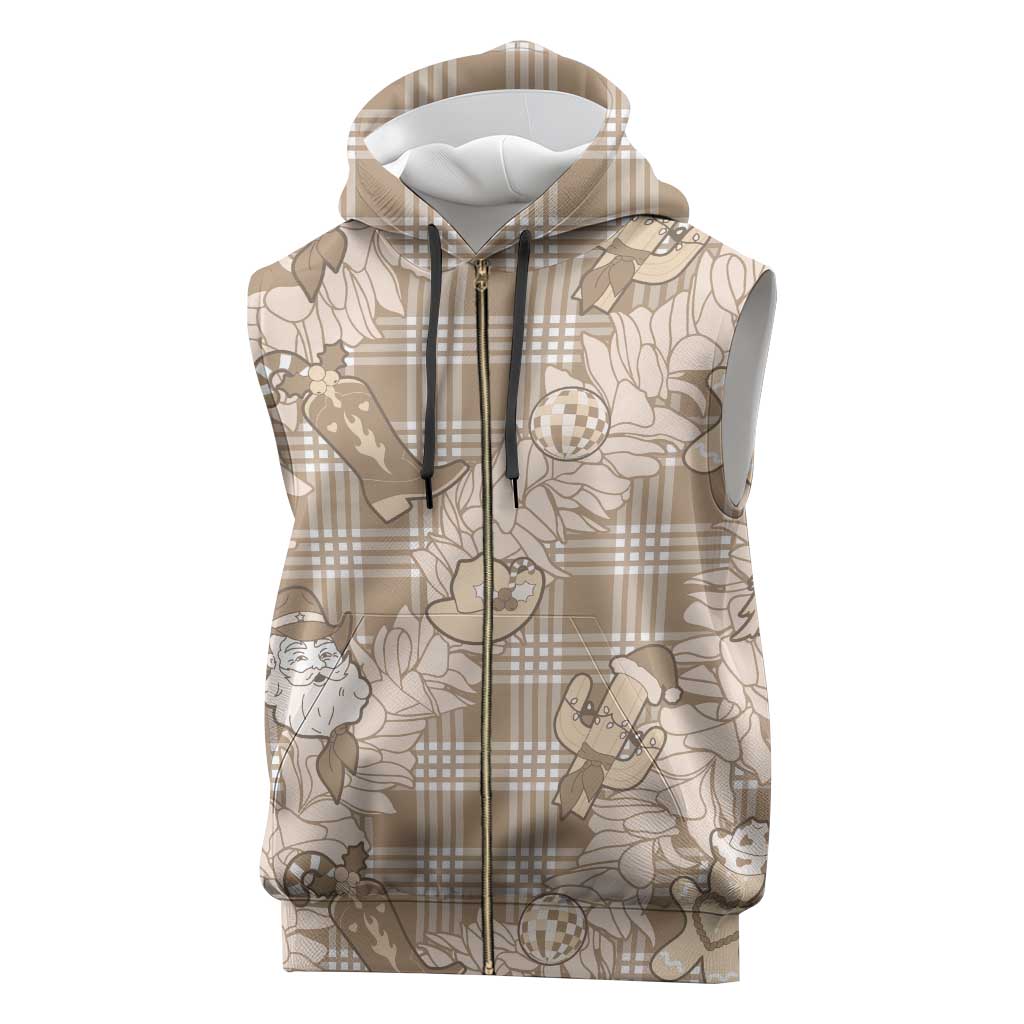 Khaki Palaka Hawaii Cowboy Christmas Sleeveless Zip Hoodie Paniolo Mix Maile Lei - Polynesian Pride