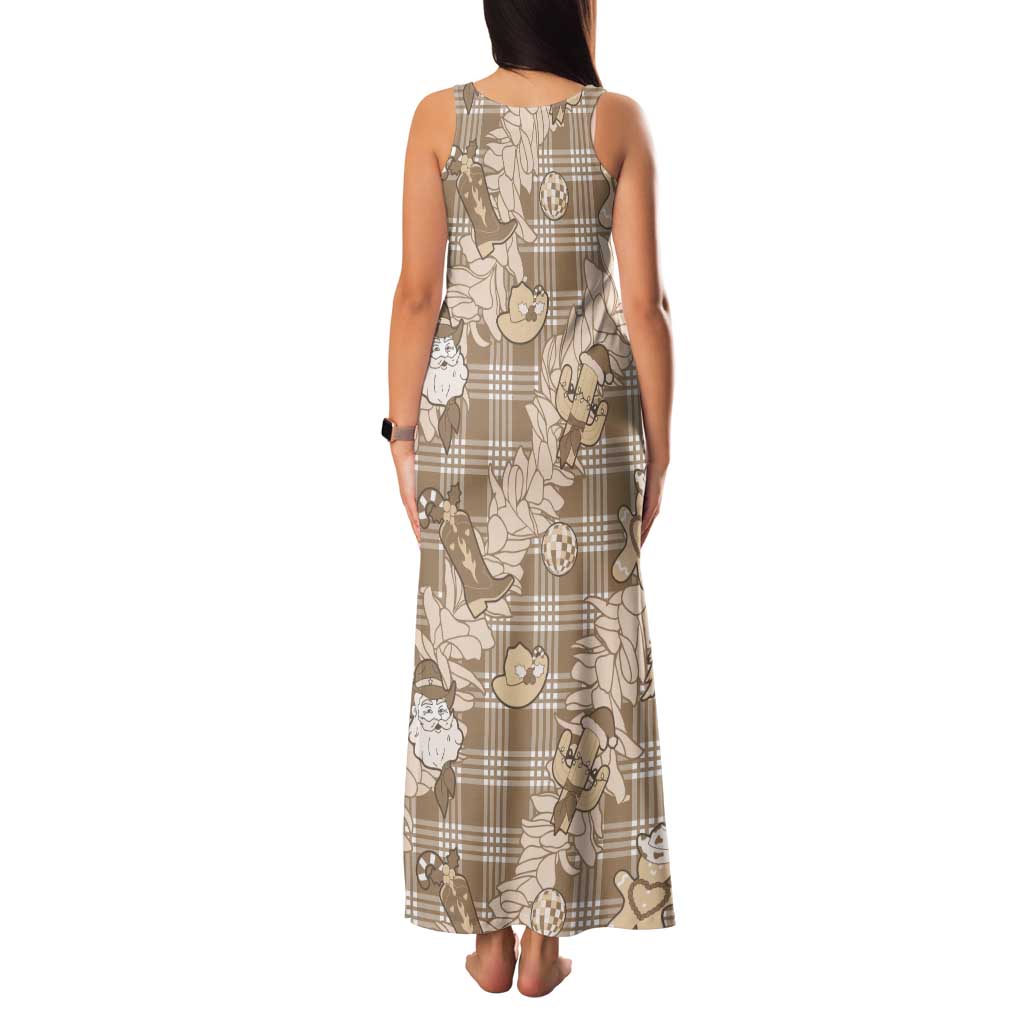 Khaki Palaka Hawaii Cowboy Christmas Tank Maxi Dress Paniolo Mix Maile Lei - Polynesian Pride