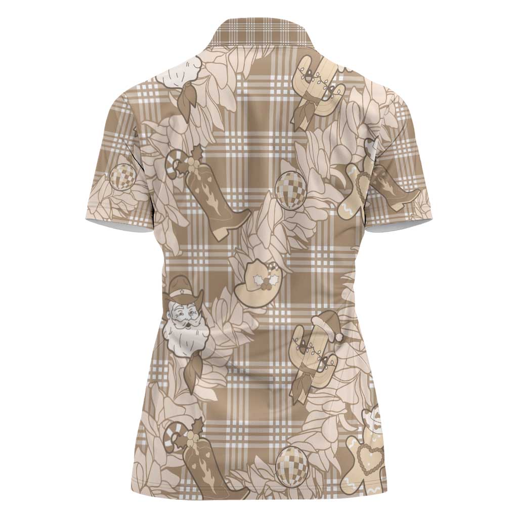 Khaki Palaka Hawaii Cowboy Christmas Women Polo Shirt Paniolo Mix Maile Lei - Polynesian Pride