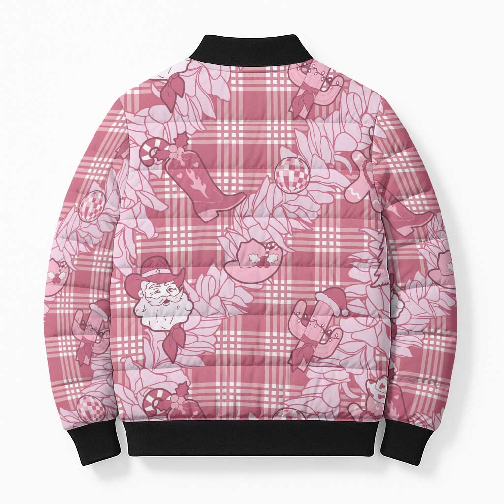 Pink Palaka Hawaii Cowboy Christmas Bomber Puffer Jacket Paniolo Mix Maile Lei - Polynesian Pride