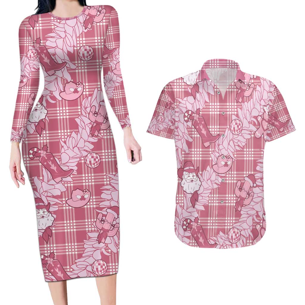 Pink Palaka Hawaii Cowboy Christmas Couples Matching Long Sleeve Bodycon Dress and Hawaiian Shirt Paniolo Mix Maile Lei - Polynesian Pride