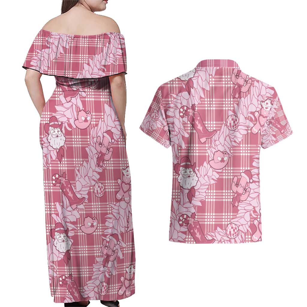 Pink Palaka Hawaii Cowboy Christmas Couples Matching Off Shoulder Maxi Dress and Hawaiian Shirt Paniolo Mix Maile Lei - Polynesian Pride