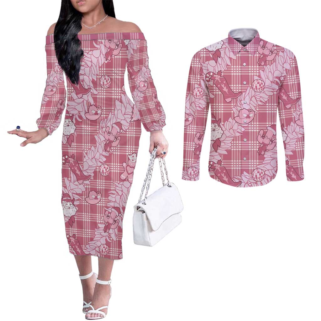 Pink Palaka Hawaii Cowboy Christmas Couples Matching Off The Shoulder Long Sleeve Dress and Long Sleeve Button Shirt Paniolo Mix Maile Lei - Polynesian Pride
