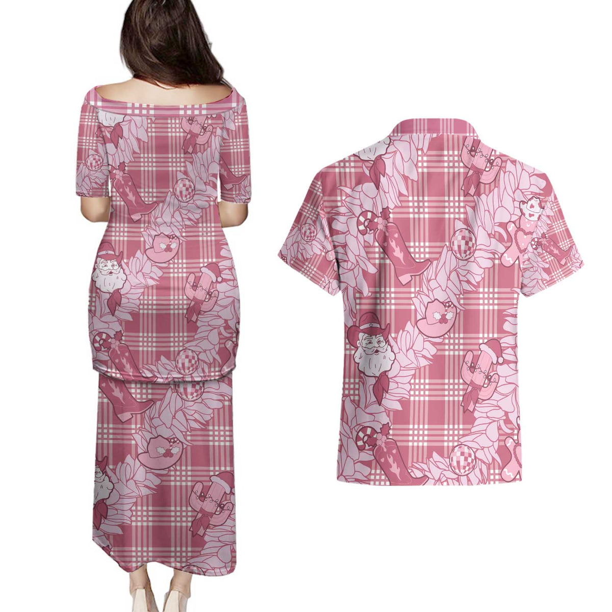 Pink Palaka Hawaii Cowboy Christmas Couples Matching Puletasi and Hawaiian Shirt Paniolo Mix Maile Lei - Polynesian Pride