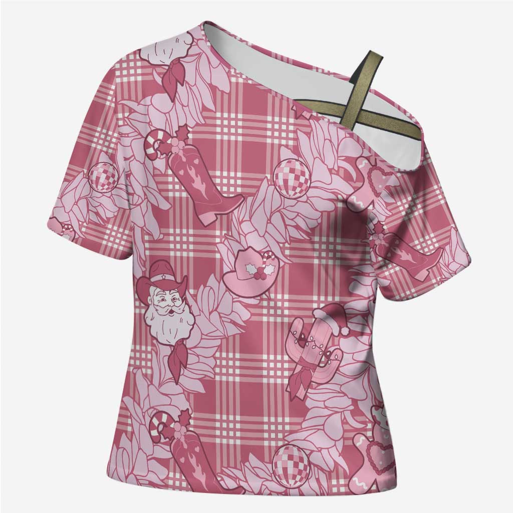 Pink Palaka Hawaii Cowboy Christmas Cross Shoulder Shirt Paniolo Mix Maile Lei - Polynesian Pride