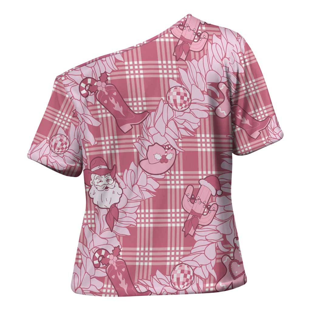Pink Palaka Hawaii Cowboy Christmas Cross Shoulder Shirt Paniolo Mix Maile Lei - Polynesian Pride