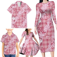 Pink Palaka Hawaii Cowboy Christmas Family Matching Long Sleeve Bodycon Dress and Hawaiian Shirt Paniolo Mix Maile Lei - Polynesian Pride